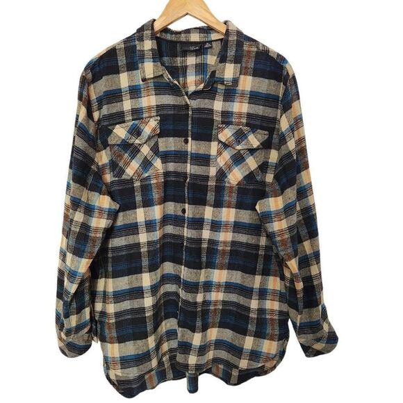 Burnside plaid button front long sleeve flannel shirt tan blue black orange XL - Picture 1 of 6